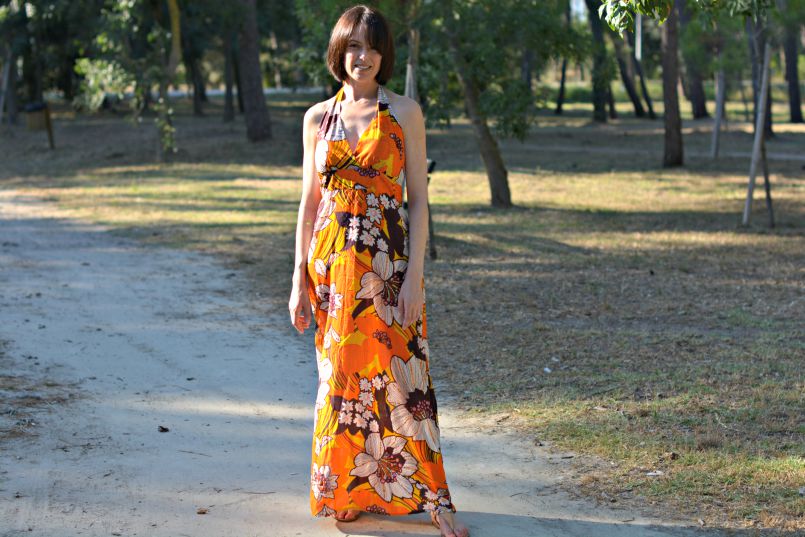 antik batik orange and brown halterneck maxi dress