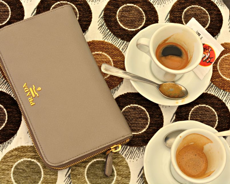 due caffe and prada wallet in italy