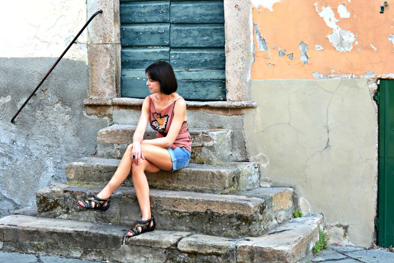 Dries Van Noten silk wrap belted top | Whistles denim shorts | Carvela sandals