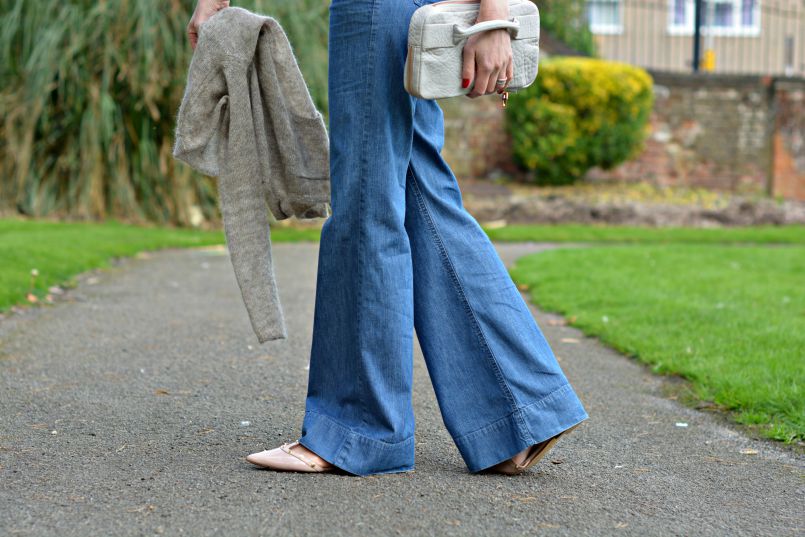 Zara Burgandy shell top | Isabel Marant Cardigan | Comptoir des Cotonniers Sailor wide leg jeans | Alexander Wang clutch | Nordstrom T-bar studded flats | Burgundy lips