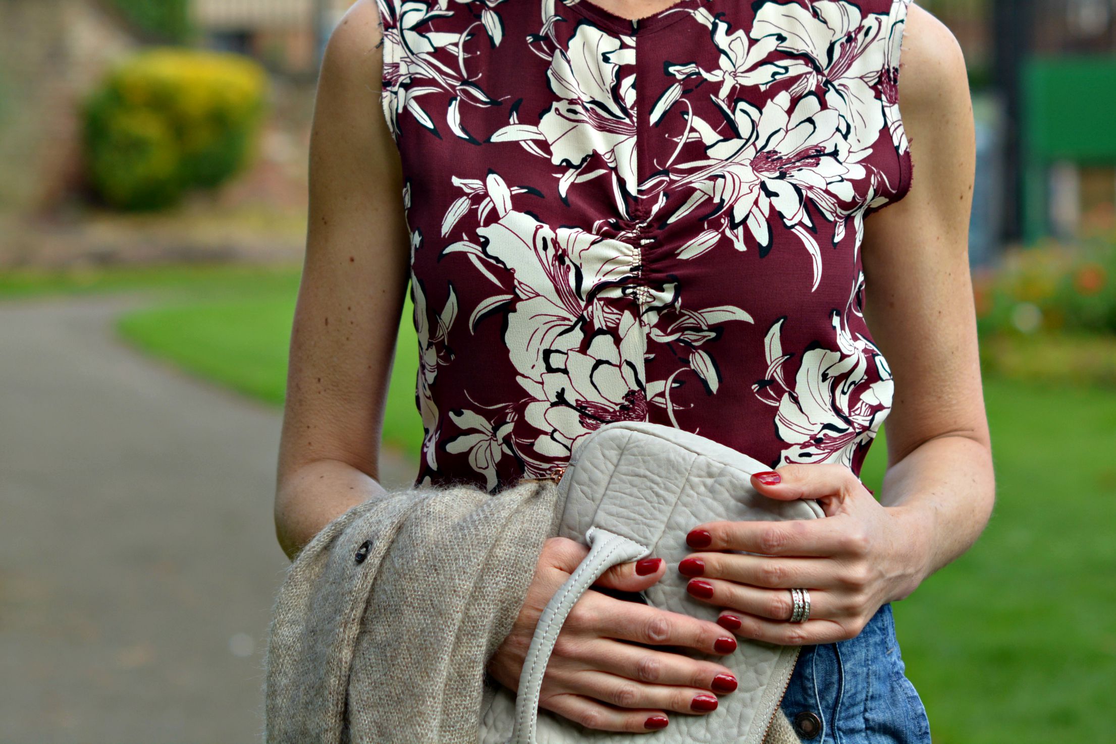 Zara Burgandy shell top | Isabel Marant Cardigan | Comptoir des Cotonniers Sailor wide leg jeans | Alexander Wang clutch | Nordstrom T-bar studded flats | Burgundy lips