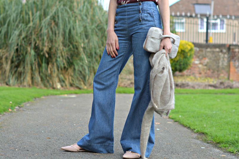 Zara Burgandy shell top | Isabel Marant Cardigan | Comptoir des Cotonniers Sailor wide leg jeans | Alexander Wang clutch | Nordstrom T-bar studded flats | Burgundy lips