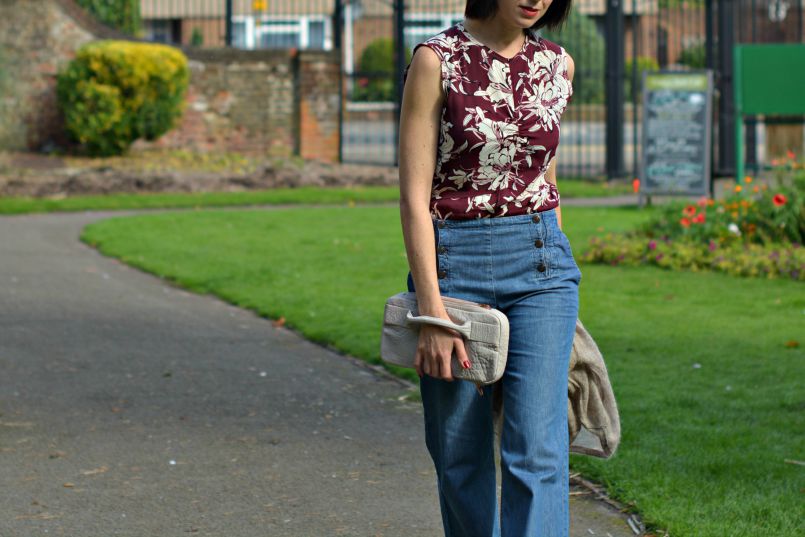 Zara Burgandy shell top | Isabel Marant Cardigan | Comptoir des Cotonniers Sailor wide leg jeans | Alexander Wang clutch | Nordstrom T-bar studded flats | Burgundy lips