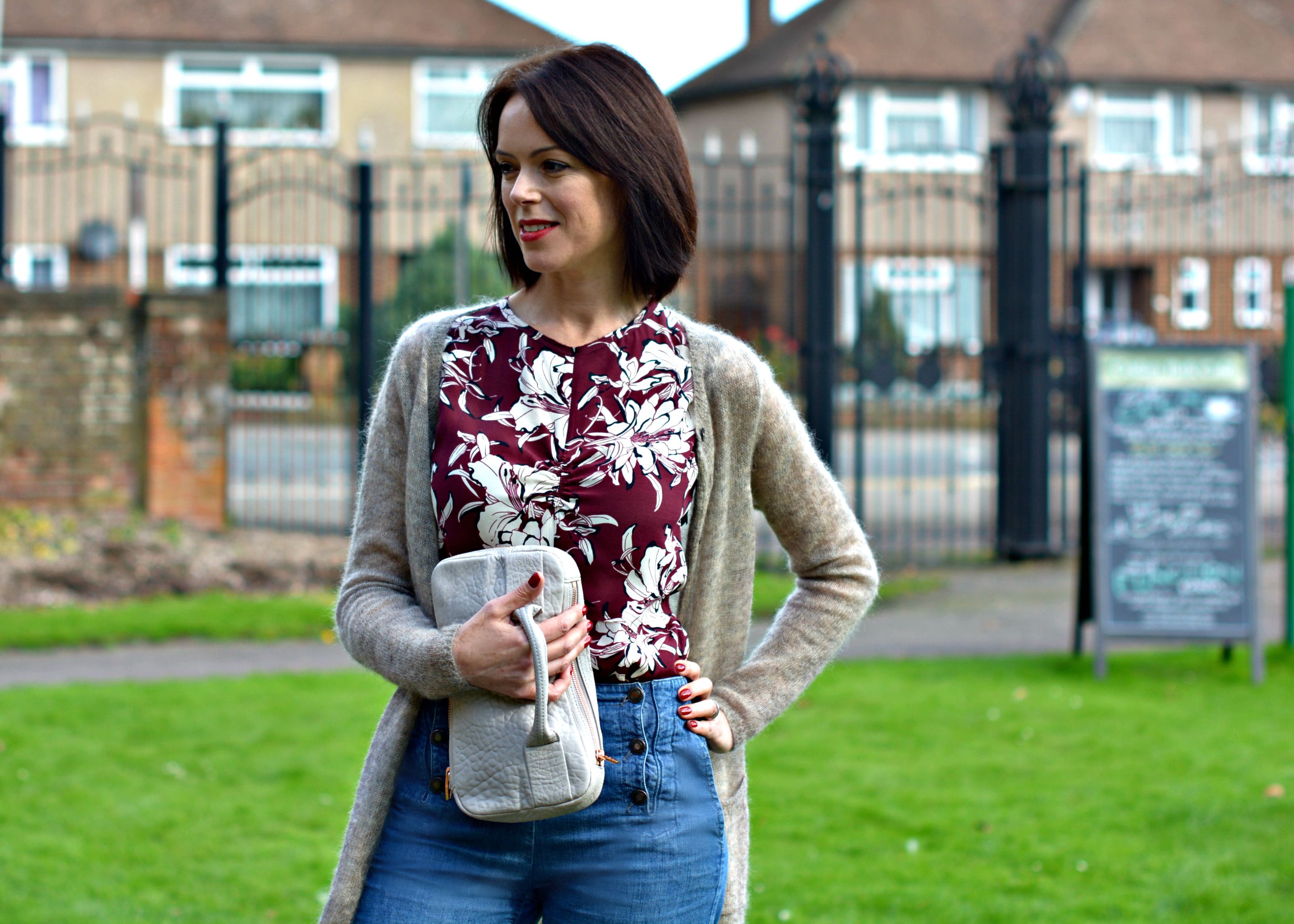 Zara Burgandy shell top | Isabel Marant Cardigan | Comptoir des Cotonniers Sailor wide leg jeans | Alexander Wang clutch | Nordstrom T-bar studded flats | Burgundy lips