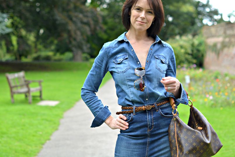 Denim shirt H&M | Denim pencil skirt River Island | Plaited tan leather skinny belt | Louis Vuitton Sully bag
