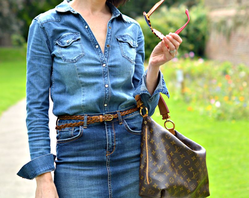 Denim shirt H&M | Denim pencil skirt River Island | Plaited tan leather skinny belt | Louis Vuitton Sully bag