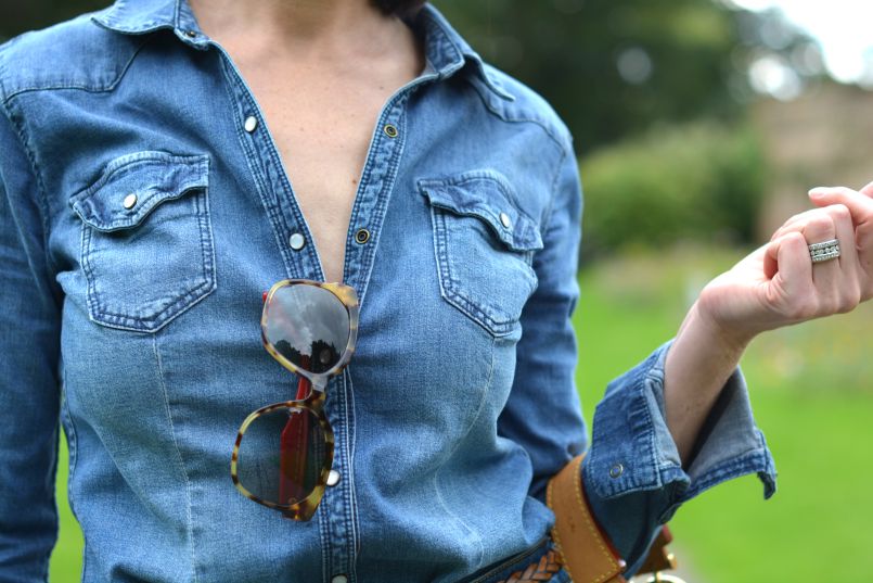 Denim shirt H&M | Denim pencil skirt River Island | Plaited tan leather skinny belt | Louis Vuitton Sully bag | Prada Tortoiseshell sunglasses