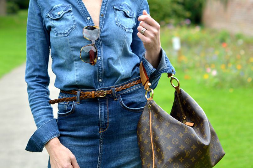 Denim shirt H&M | Denim pencil skirt River Island | Plaited tan leather skinny belt | Louis Vuitton Sully bag | Prada Tortoiseshell sunglasses