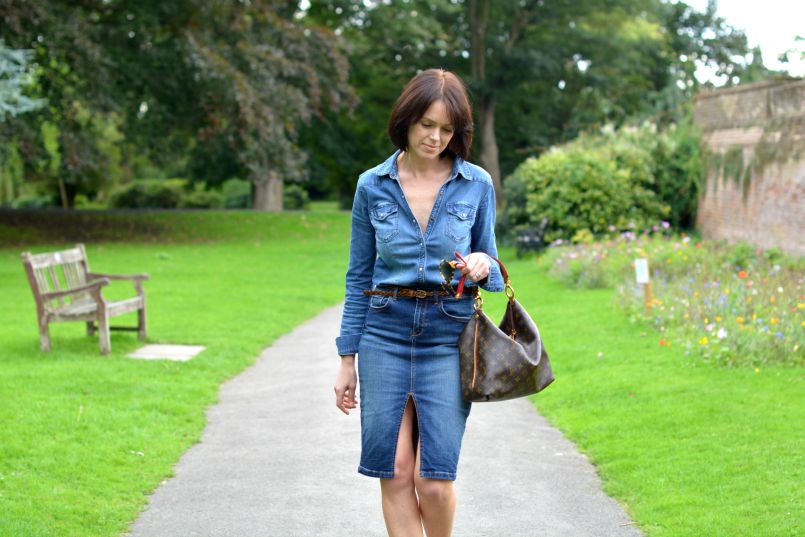Denim shirt H&M | Denim pencil skirt River Island | Plaited tan leather skinny belt | Louis Vuitton Sully bag