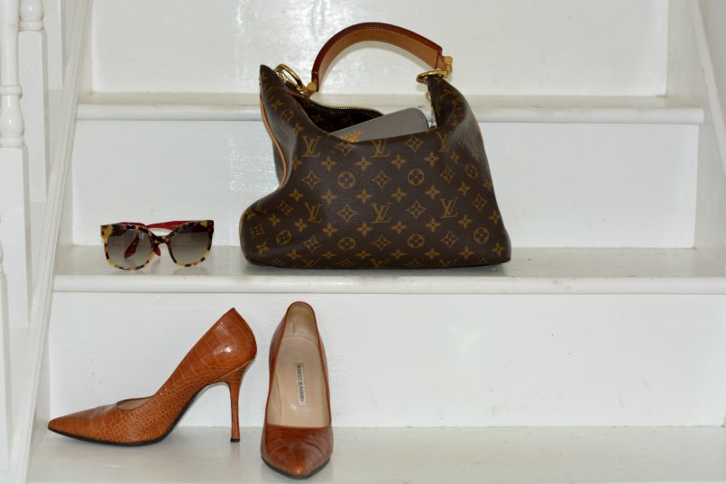 Louis Vuitton Sully bag | Prada wallet | Prada tortoiseshell sunnies | Manolo Blahnik crocodile pumps