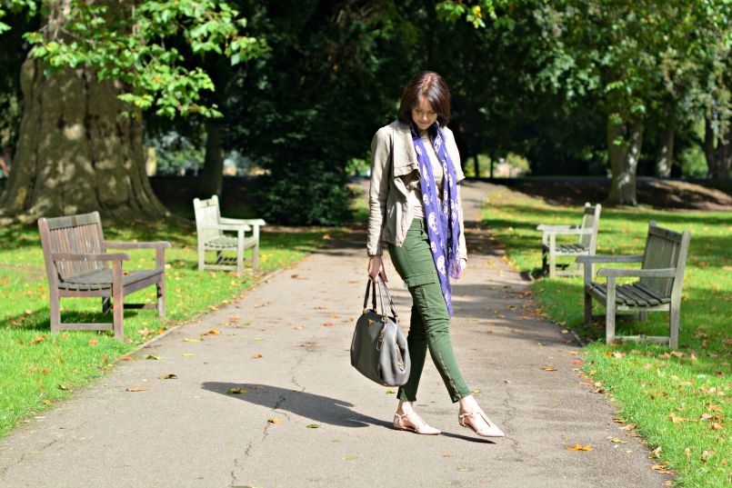 Nordstrom Halogen pink pointed T bar flats | Prada Taupe bag | All Saints Taupe Kadian leather jacket | alexander McQueen Skull purple scarf