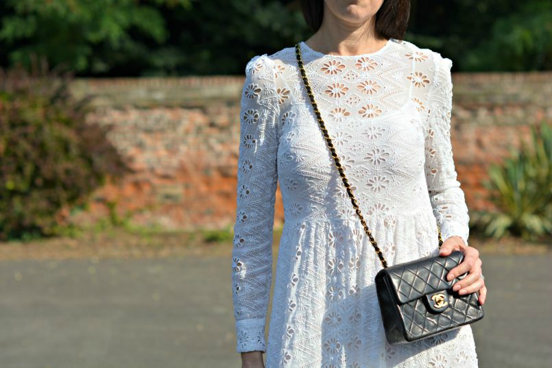 Zara white broderie anglaise dress | Chanel 2.55 mini | Office leopard ankle strap ballet flats