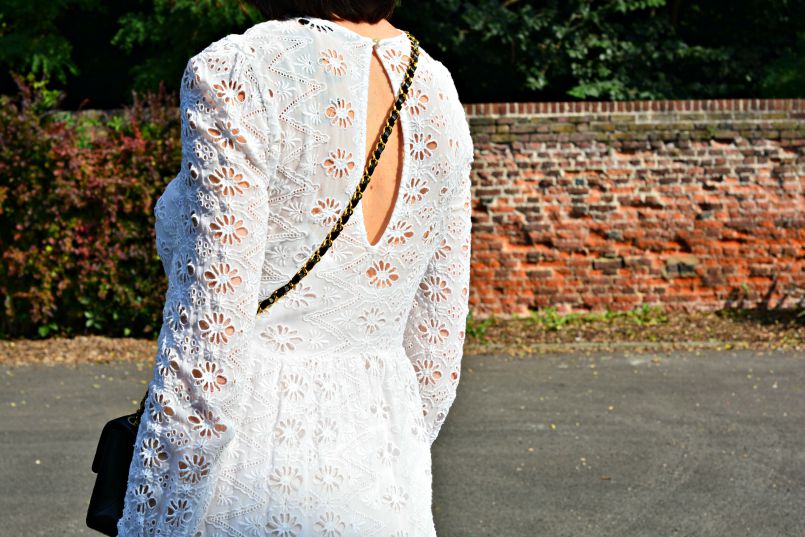 Zara white broderie anglaise dress | Chanel 2.55 mini | Office leopard ankle strap ballet flats