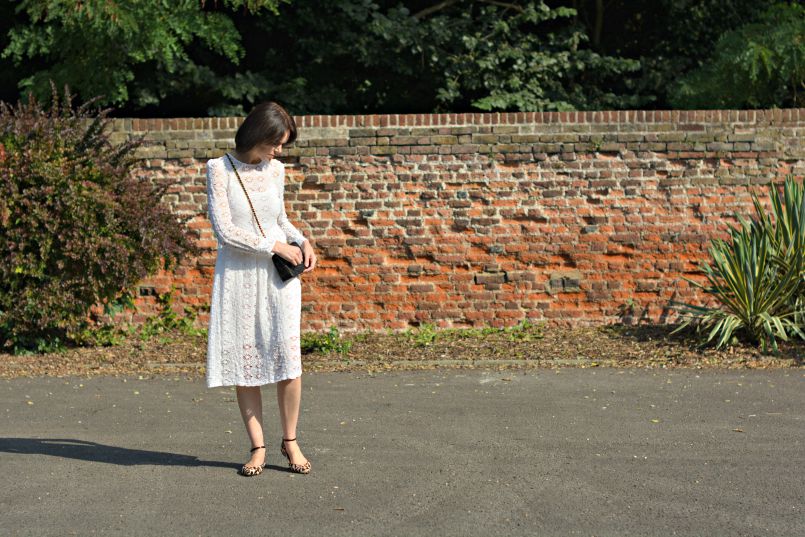 Zara white broderie anglaise dress | Chanel 2.55 mini | Office leopard ankle strap ballet flats