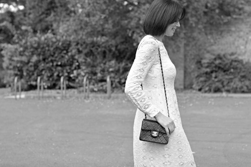 Zara white broderie anglaise dress | Chanel 2.55 mini | Office leopard ankle strap ballet flats