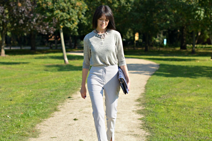 Acne striped trousers | Acne linen grandpa top | Anya Hindmarch clutch | Vintage silver statement necklace | Melissa shoes