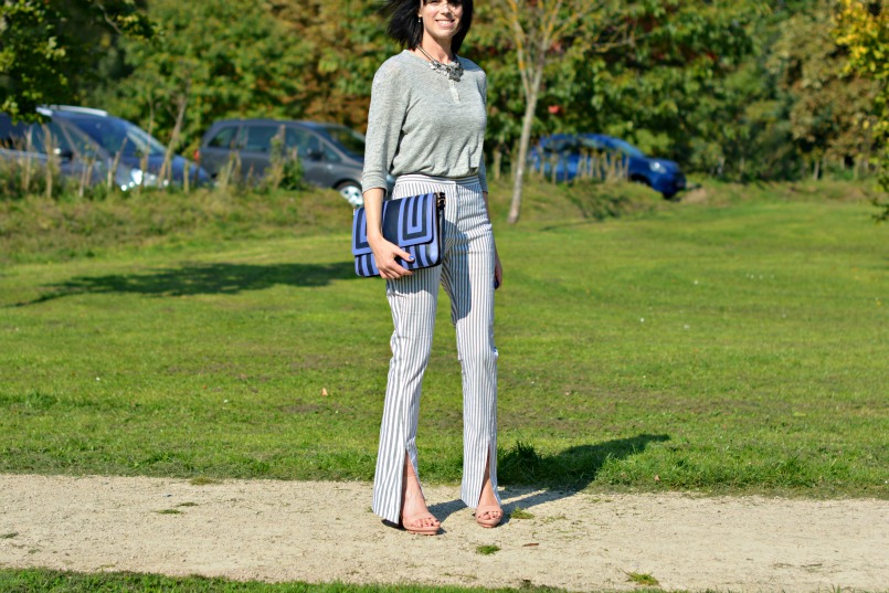 Acne striped trousers | Acne linen grandpa top | Anya Hindmarch clutch | Vintage silver statement necklace | Melissa shoes