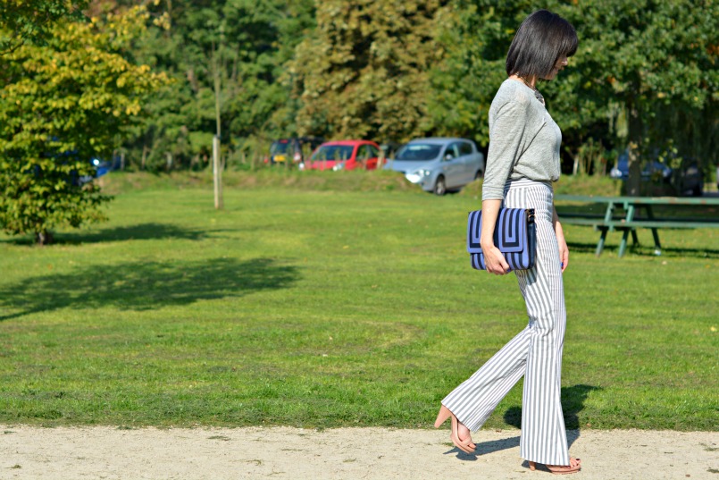 Acne striped trousers | Acne linen grandpa top | Anya Hindmarch clutch | Vintage silver statement necklace | Melissa shoes