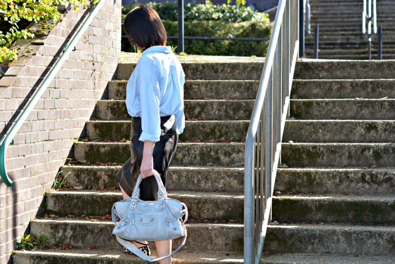 Whistles black leather skirt | H&M chambray shirt | Office leopard print ballet flats