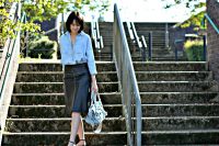 Whistles black leather skirt | H&M chambray shirt | Office leopard print ballet flats