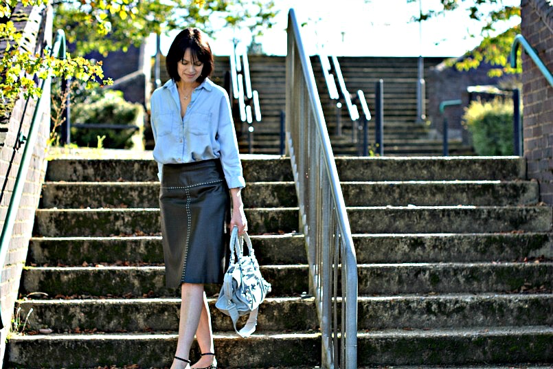 Whistles black leather skirt | H&M chambray shirt | Office leopard print ballet flats