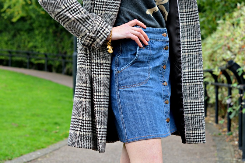 See by Chloe denim mini skirt | Reiss wool check coat | Brown suede knee high boots | Warm Pixie skull sweater top