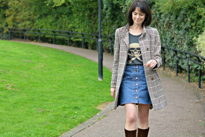 See by Chloe denim mini skirt | Reiss wool check coat | Brown suede knee high boots | Warm Pixie skull sweater top