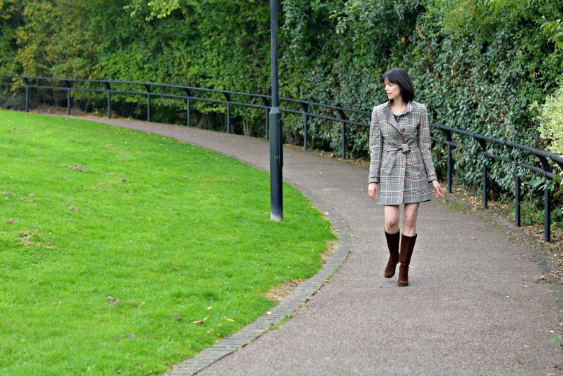 See by Chloe denim mini skirt | Reiss wool check coat | Brown suede knee high boots | Warm Pixie skull sweater top