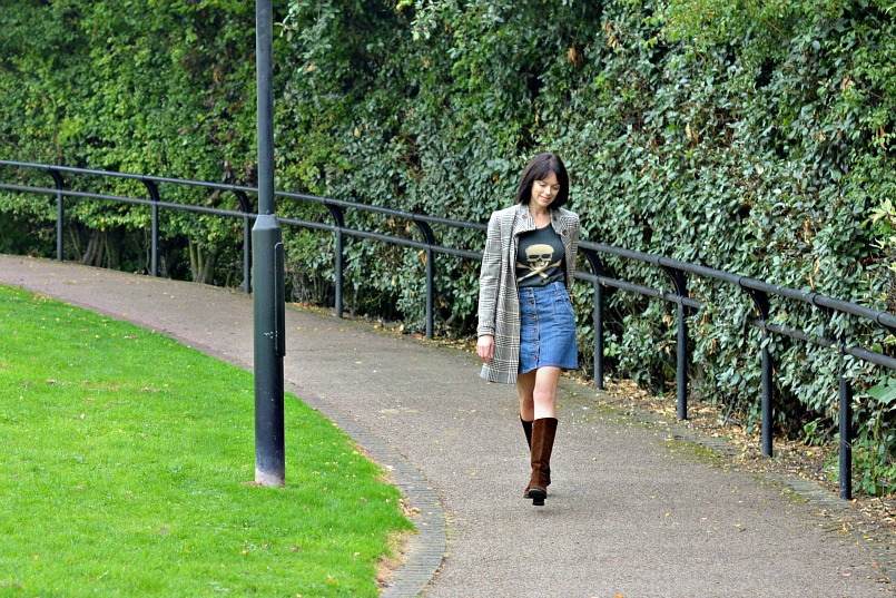 See by Chloe denim mini skirt | Reiss wool check coat | Brown suede knee high boots | Warm Pixie skull sweater top