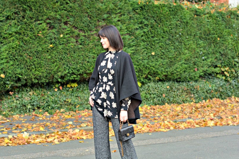 Zara wool trousers | Topshop black playsuit romper | Chanel mini 2.55 bag | Black Wool wrap | Banana Republic black pumps