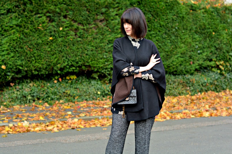 Zara wool trousers | Topshop black playsuit romper | Chanel mini 2.55 bag | Black Wool wrap | OPI Lincoln Park at Midnight