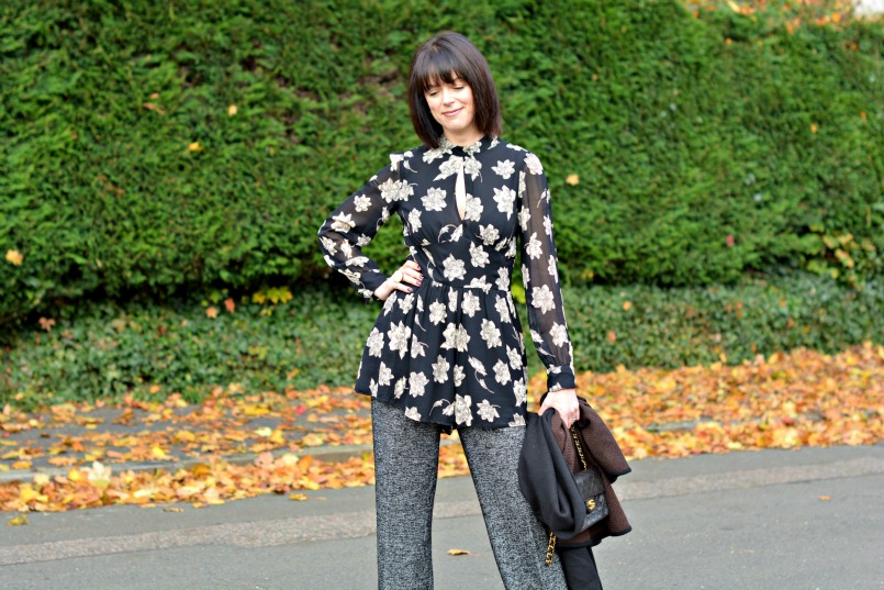 Zara wool trousers | Topshop black playsuit romper | Chanel mini 2.55 bag | Black Wool wrap | Banana Republic black pumps