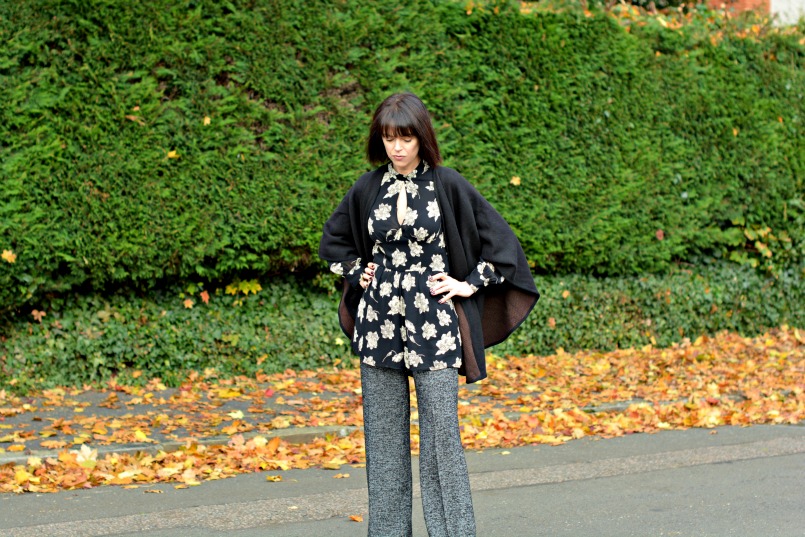 Zara wool trousers | Topshop black playsuit romper | Chanel mini 2.55 bag | Black Wool wrap | Banana Republic black pumps