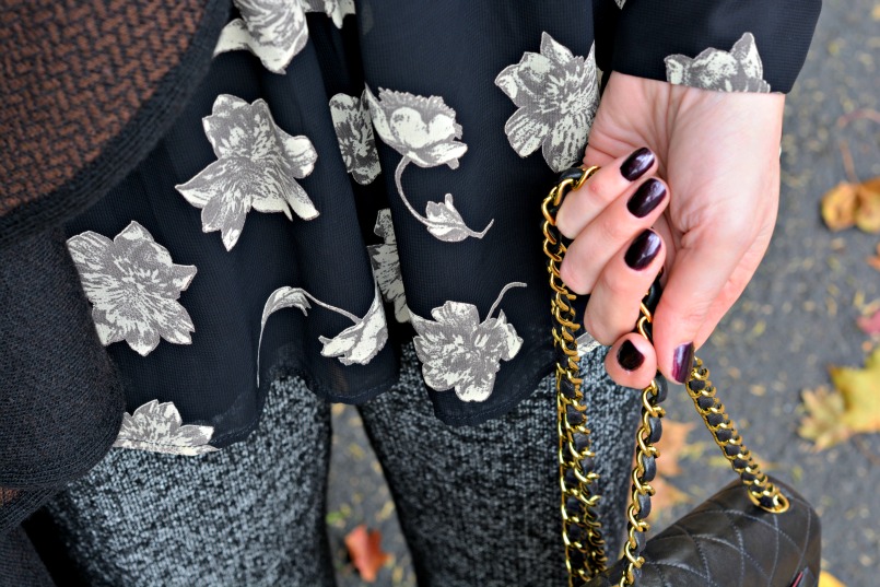 Zara wool trousers | Topshop black playsuit romper | Chanel mini 2.55 bag | Black Wool wrap | OPI Lincoln Park at Midnight