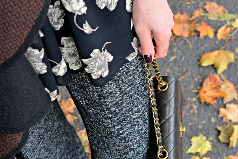 Zara wool trousers | Topshop black playsuit romper | Chanel mini 2.55 bag | Black Wool wrap | Banana Republic black pumps