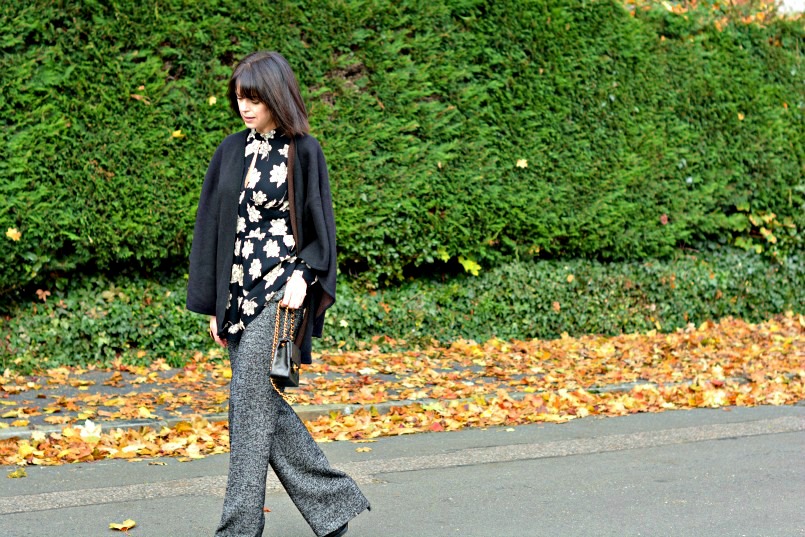 Zara wool trousers | Topshop black playsuit romper | Chanel mini 2.55 bag | Black Wool wrap | Banana Republic black pumps