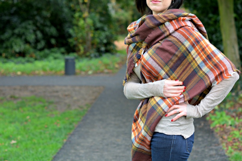 Laura Ashley reds and browns check wrap | J Brand jeans flares | Laura Ashley navy blue fedora hat