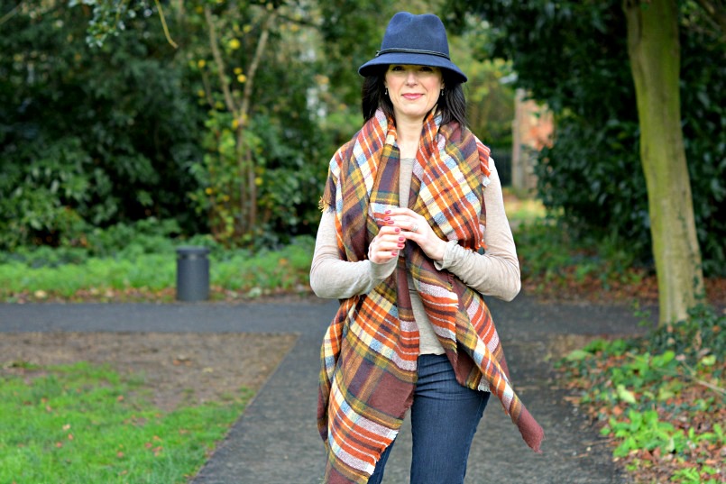 Laura Ashley reds and browns check wrap | J Brand jeans flares | Laura Ashley navy blue fedora hat | Marc by Marc Jacobs tan wedge heel 70s shoes