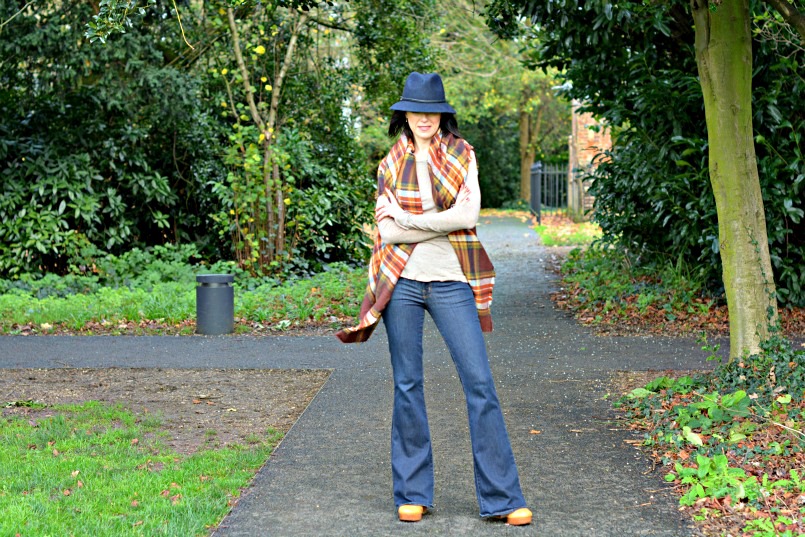 Laura Ashley reds and browns check wrap | J Brand jeans flares | Laura Ashley navy blue fedora hat | Marc by Marc Jacobs tan wedge heel 70s shoes