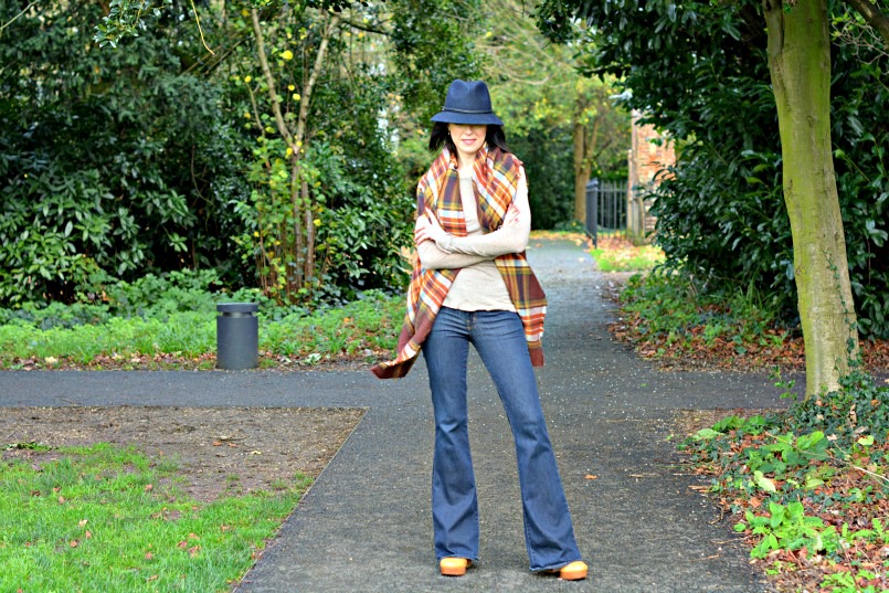 Laura Ashley reds and browns check wrap | J Brand jeans flares | Laura Ashley navy blue fedora hat | Marc by Marc Jacobs tan wedge heel 70s shoes