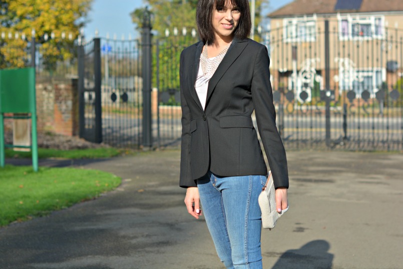 Whistles black blazer | Eternal Collection diamonte bib necklace | Markus Lupfer Muse t-shirt | Neuw Denim jeans