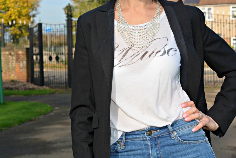 Whistles black blazer | Eternal Collection diamonte bib necklace | Markus Lupfer Muse t-shirt