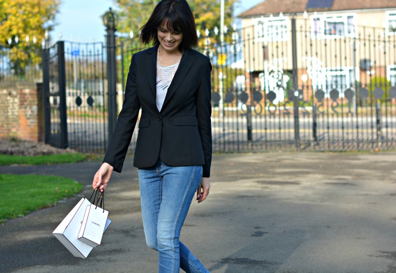 Eternal Collection Diamante bib necklace | Markus Lupfer Muse t-shirt | Whistles black blazer | Neuw Denim skinny jeans