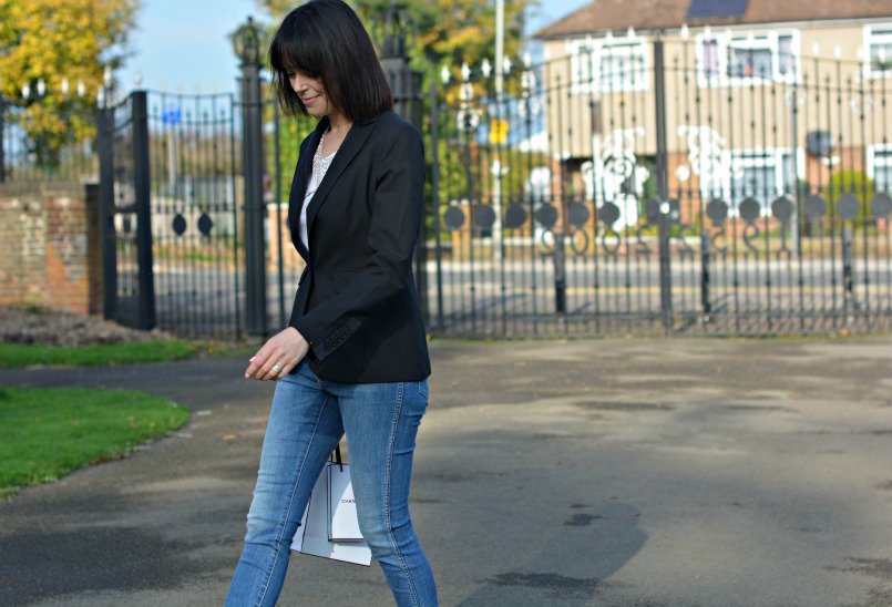 Whistles black blazer | Eternal Collection diamonte bib necklace | Markus Lupfer Muse t-shirt | Neuw Denim jeans