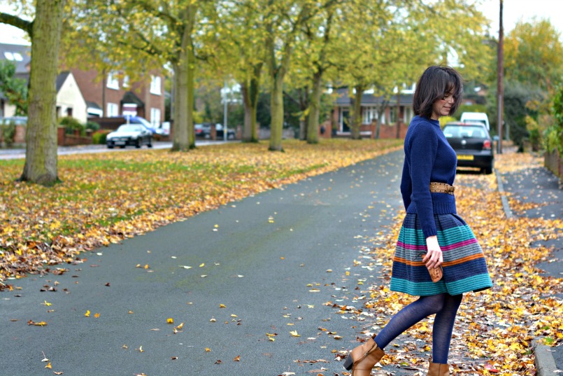 Dune tan ankle boots | Boden blue cable knit jumper | Marc Jacobs wool skirt | accessorise tan waist belt