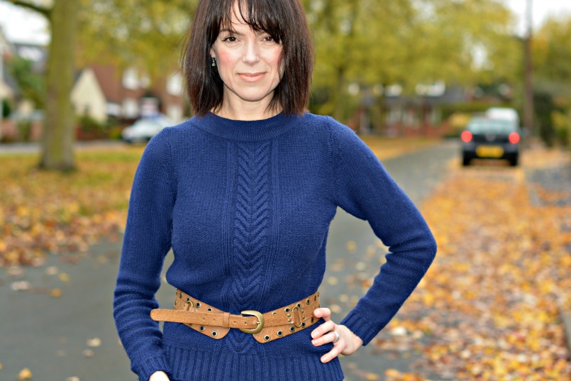 Dune tan ankle boots | Boden blue cable knit jumper | Marc Jacobs wool skirt | accessorise tan waist belt