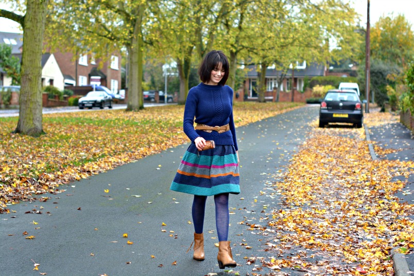 Dune tan ankle boots | Boden blue cable knit jumper | Marc Jacobs wool skirt | accessorise tan waist belt