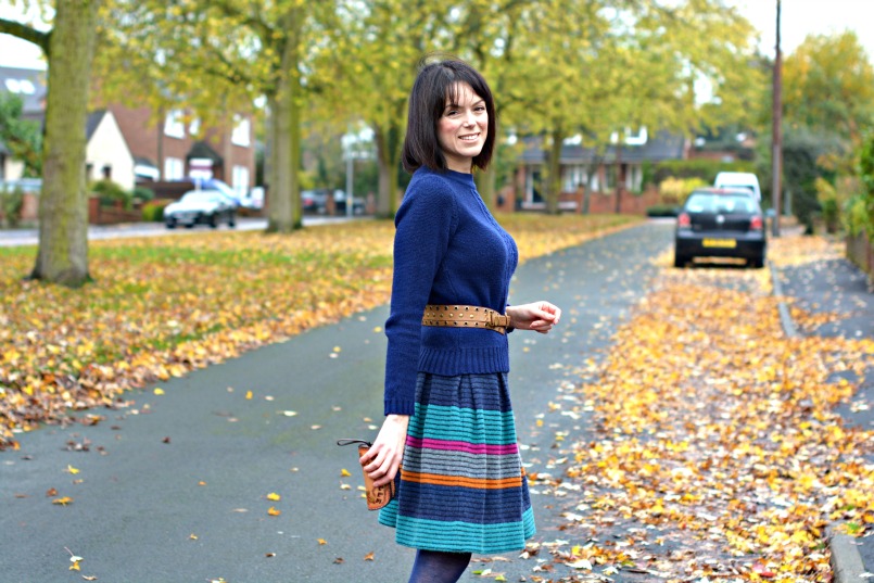 Dune tan ankle boots | Boden blue cable knit jumper | Marc Jacobs wool skirt | accessorise tan waist belt