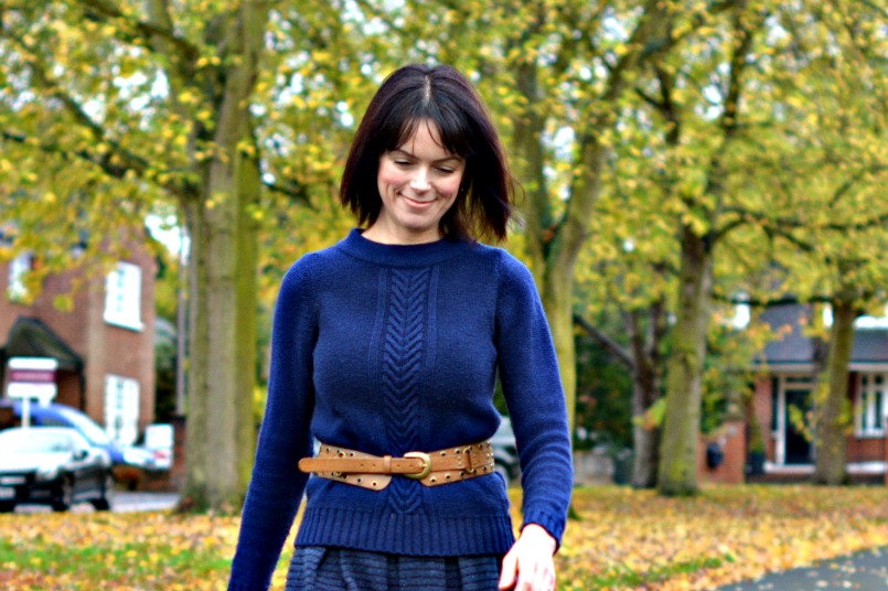 Dune tan ankle boots | Boden blue cable knit jumper | Marc Jacobs wool skirt | accessorise tan waist belt