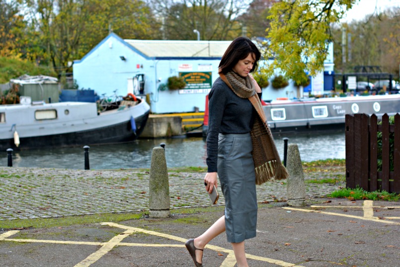 Boden cashmere mix grey polo neck jumper | Mulberry angora wool mix scarf | Urbacode London grey leather pencil skirt | Chanel taupe t-bar ballet flats | Prada taupe saffuano wallet